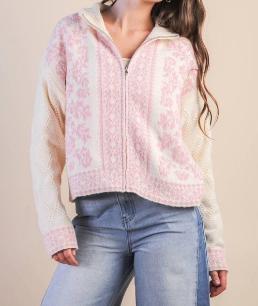 Very J - Romantic Floral Zip Sweater