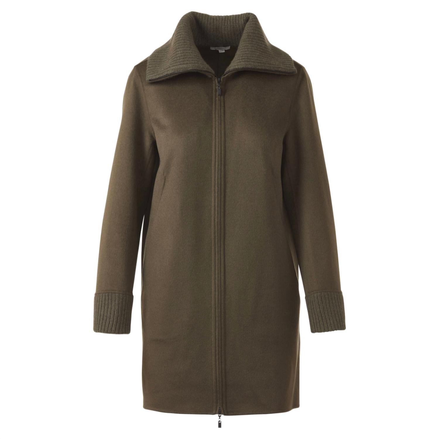Kinross Knit Trim Zip Mock Coat in loden - women's jacket - detail view