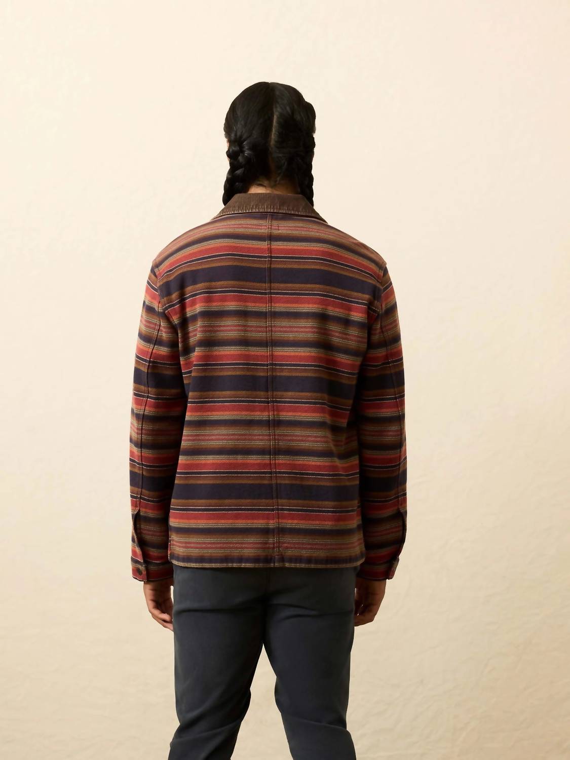 Faherty High Ridge Twill Studio Jacket in night time fire stripe 1 - men's jacket - detail view