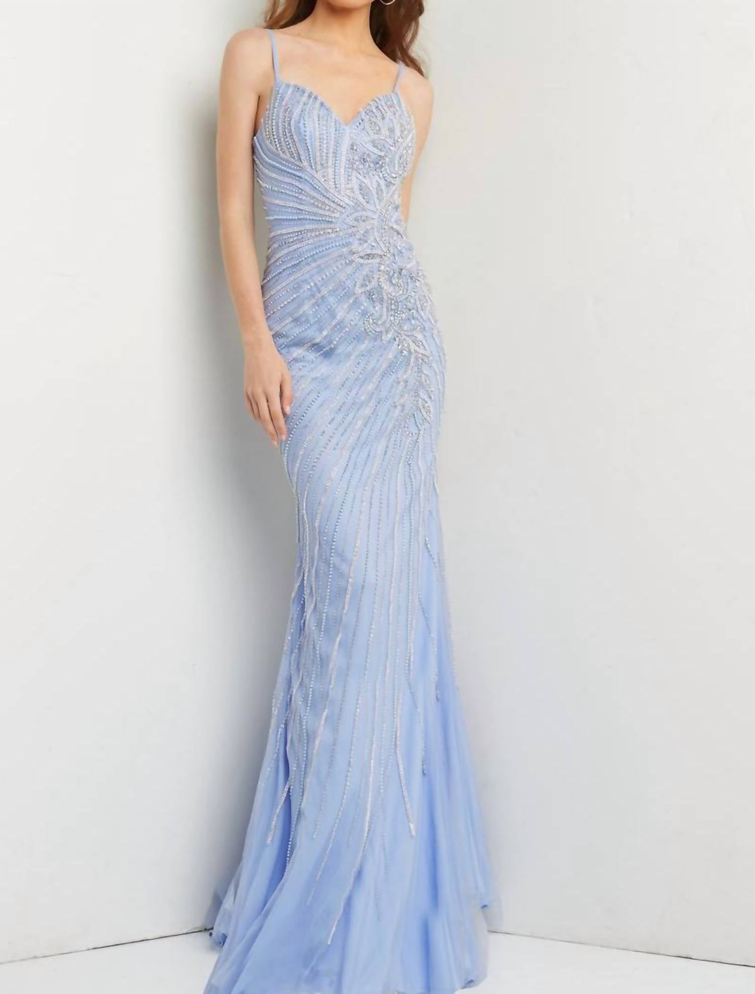 Jovani - Beaded Spaghetti Strap Gown