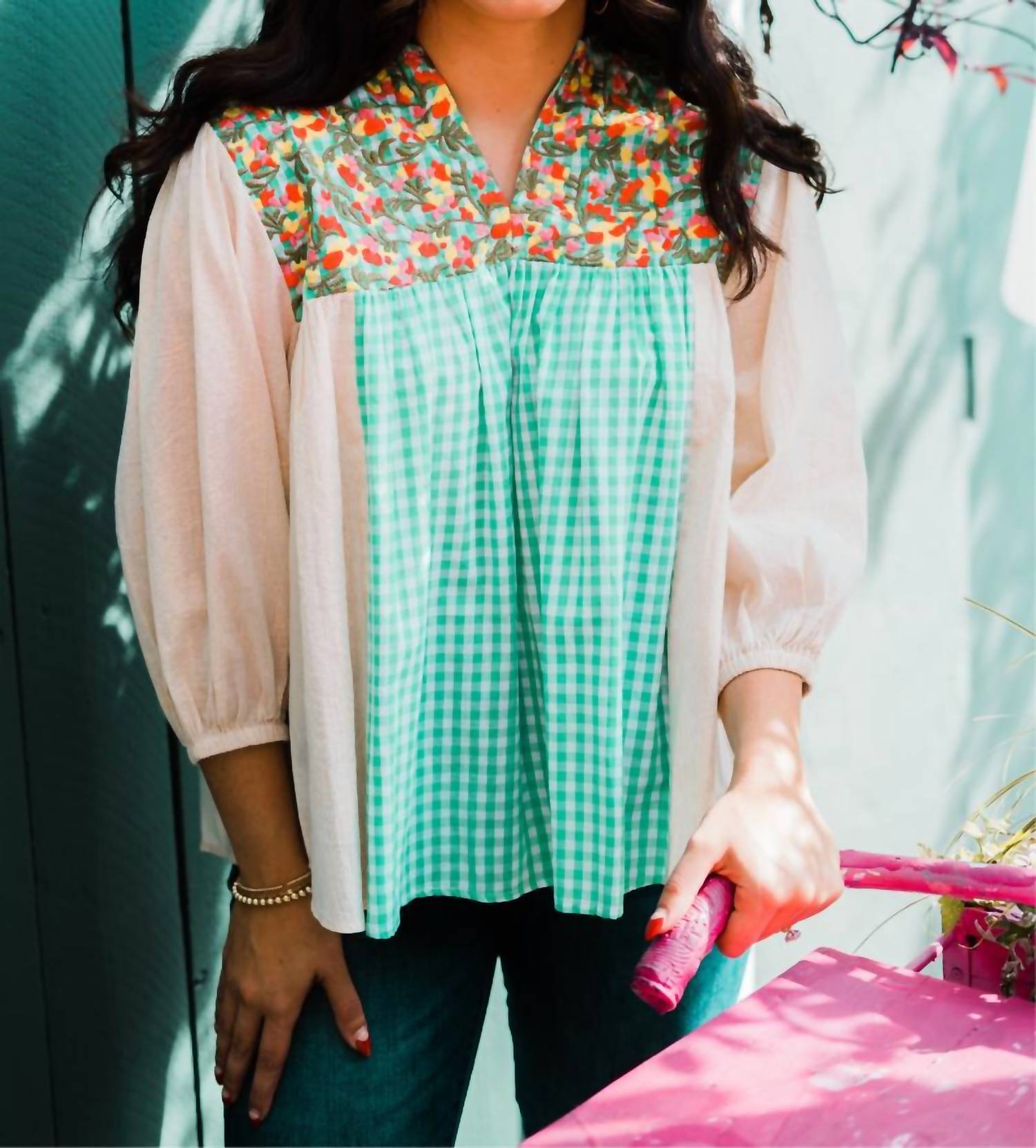 Layerz Clothing - Floral Gingham Embroidered Top