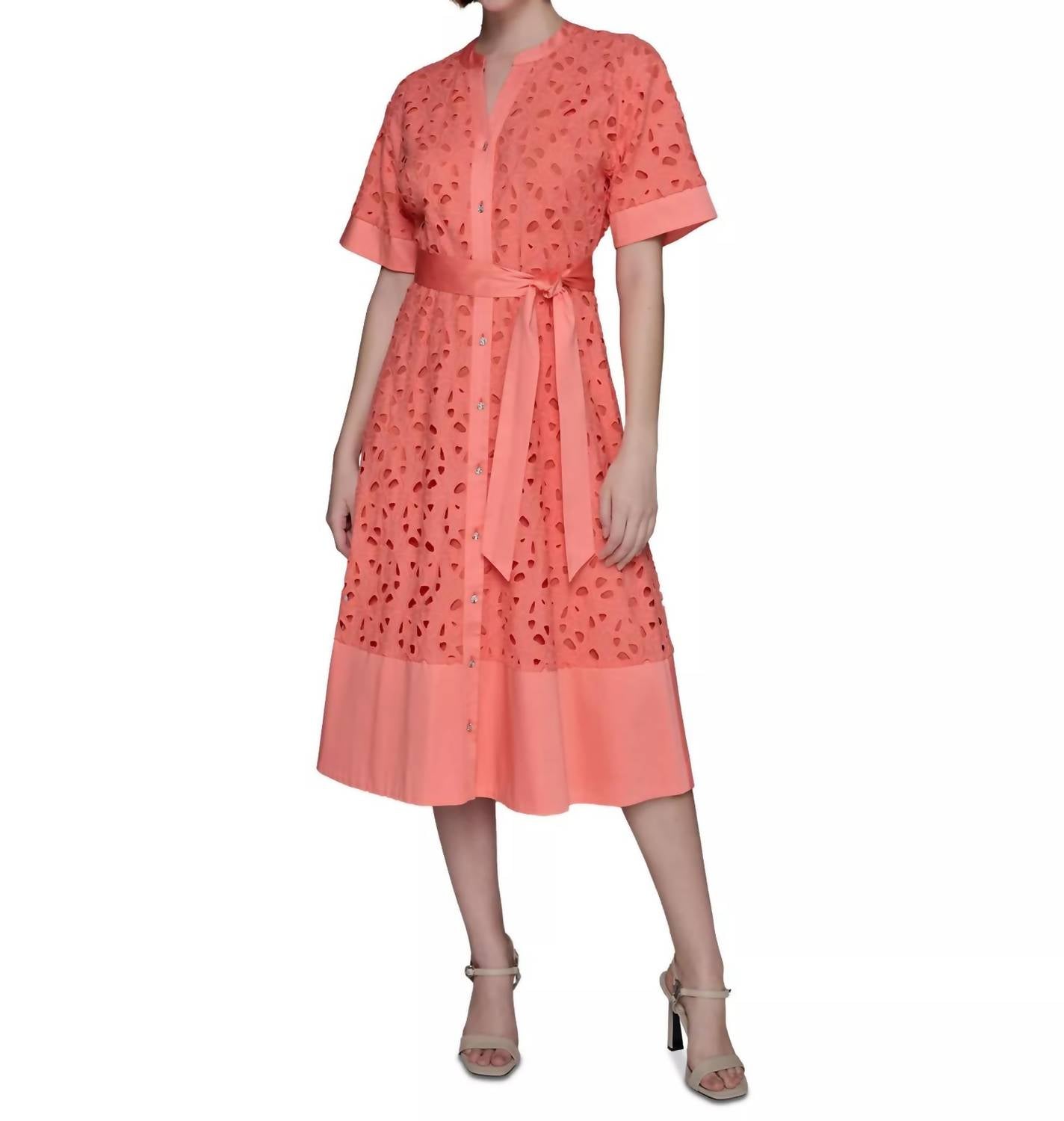 KARL LAGERFELD Eyelet Cotton A-line Shirt Dress in coral - women's dress