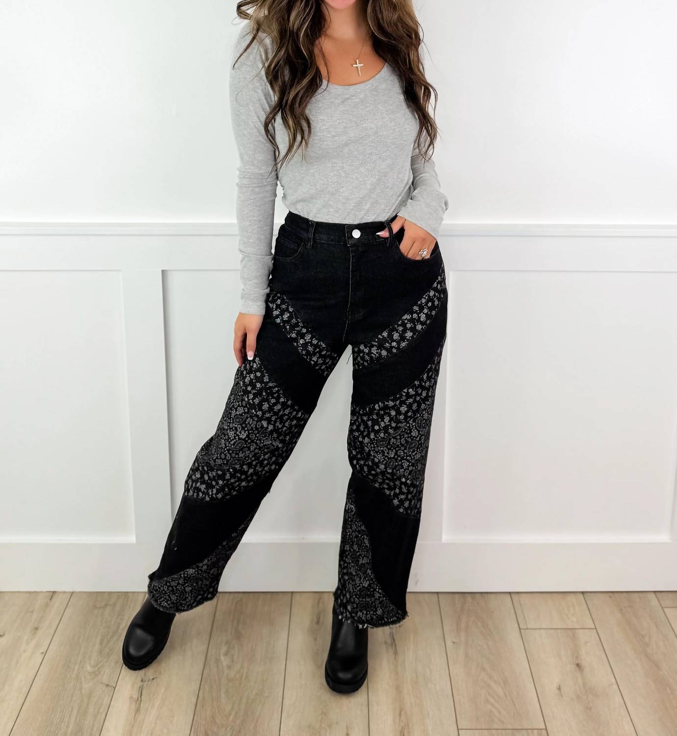 Davi & Dani - Floral High-rise Cotton Blend Wide Leg Jeans