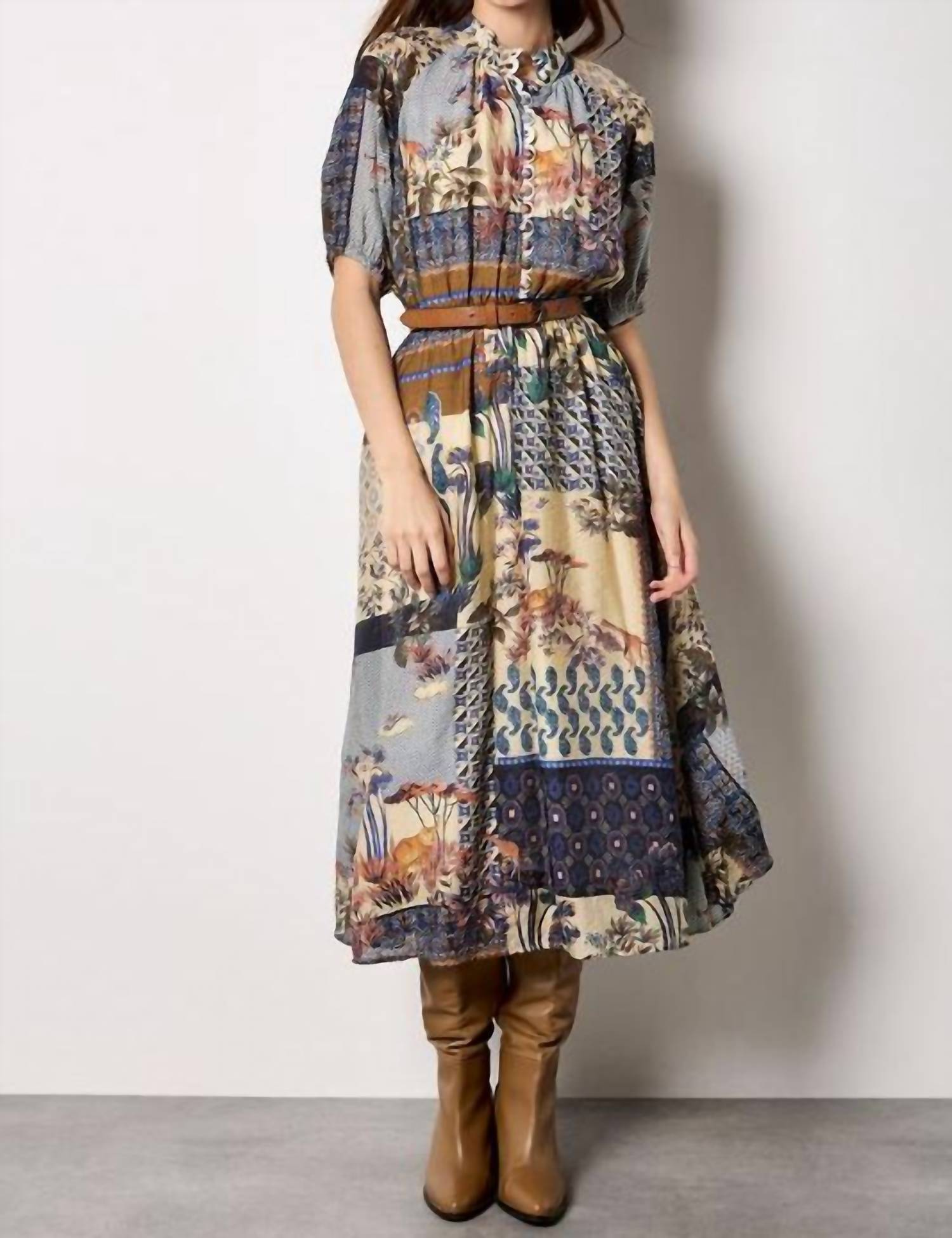 APRICOT Patchwork Art Midi Shirt Dress in navy - women's dress