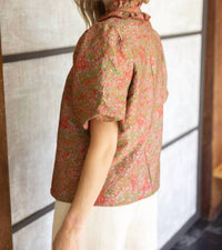 voy Ruffle Collared Jacquard Abstract Print Blouse in rust - women's blouse - detail view