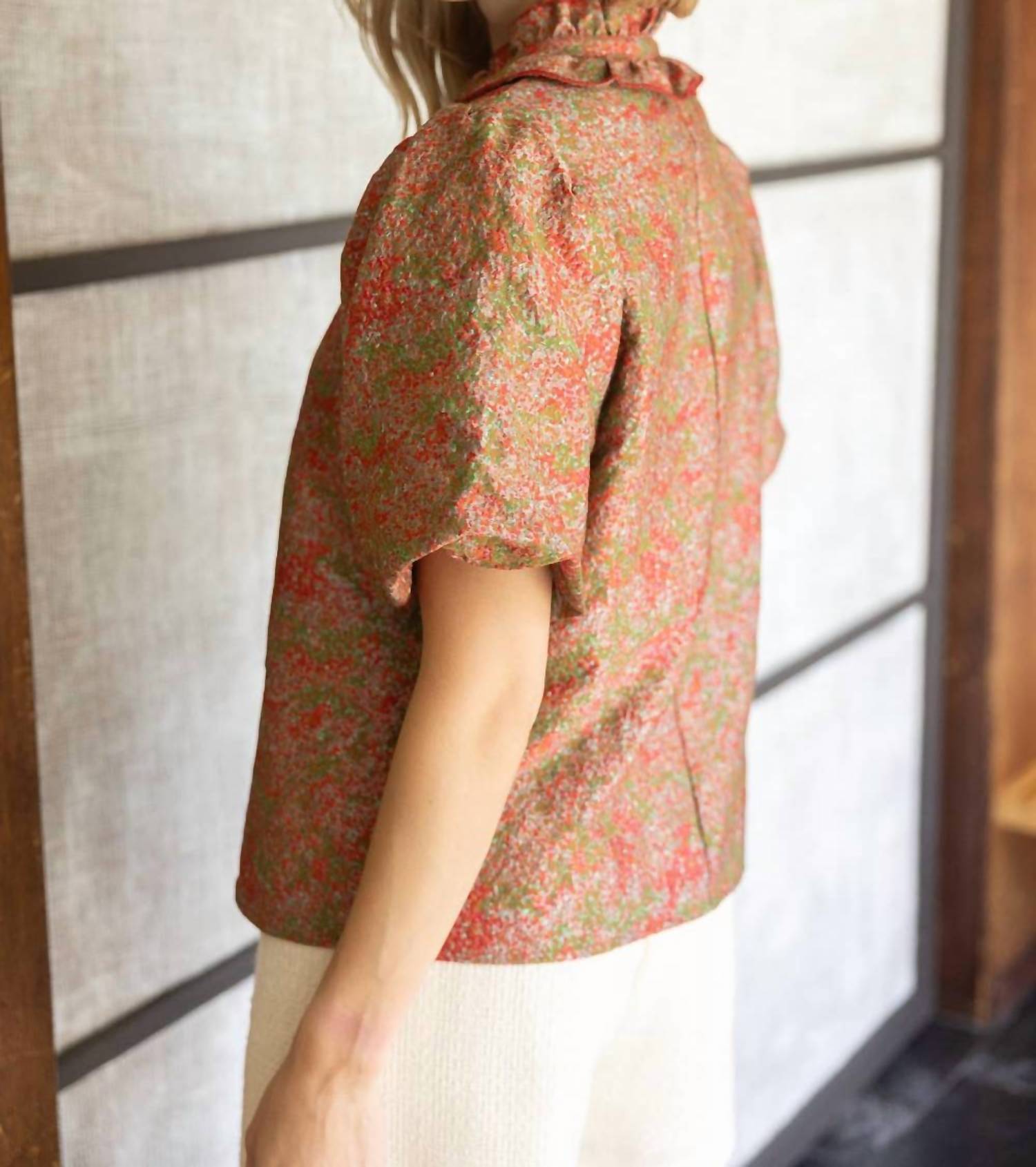voy Ruffle Collared Jacquard Abstract Print Blouse in rust - women's blouse - detail view