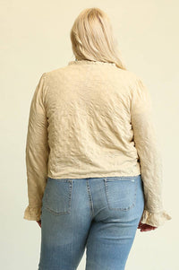 GiGiO Textured Knit Ruffled Neckline Cardigan in sand - women's cardigan - alternate view