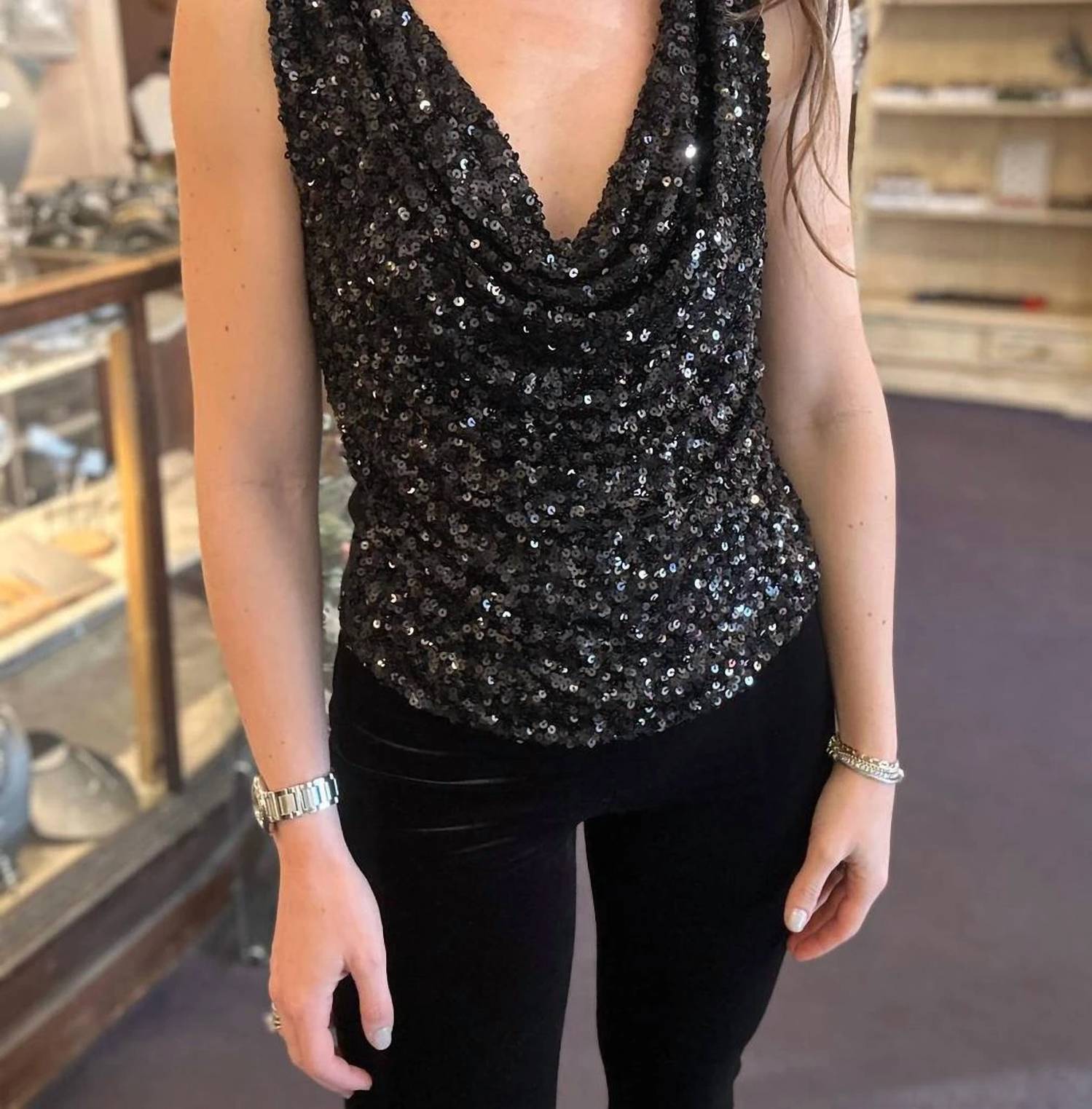 Central Park West Knit Sequin Cowl Tank in black - women's tank top - alternate view