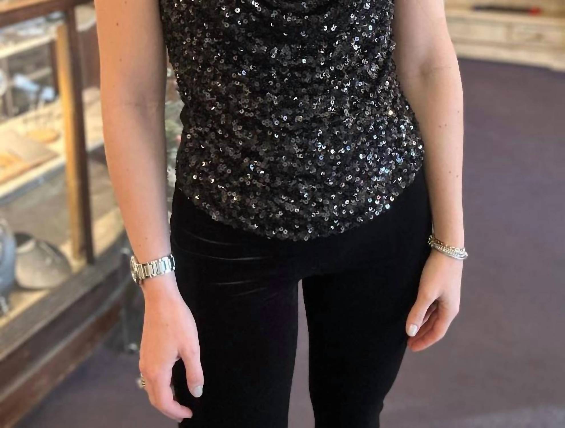 Central Park West Knit Sequin Cowl Tank in black - women's tank top - detail view