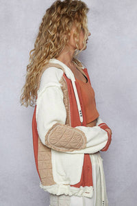 POL Hooded Button Down Combo Shacket in latte brick - women's jacket - view 4