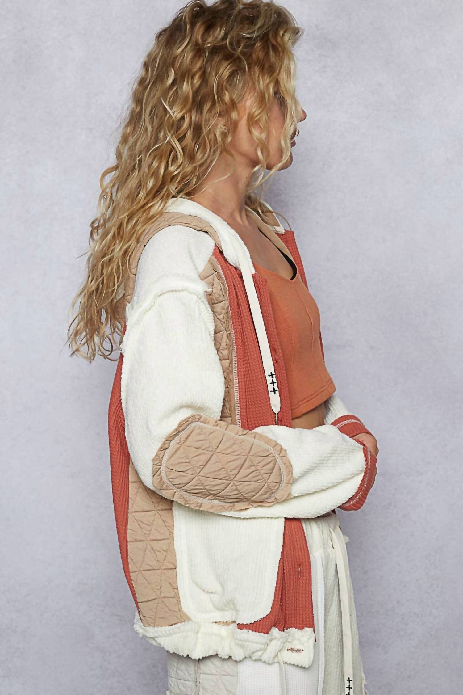 POL Hooded Button Down Combo Shacket in latte brick - women's jacket - view 4