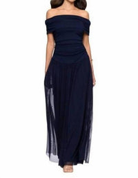 Betsy & Adam - Strapless Ruched Bodice Mesh Overlay Floor Length Dress
