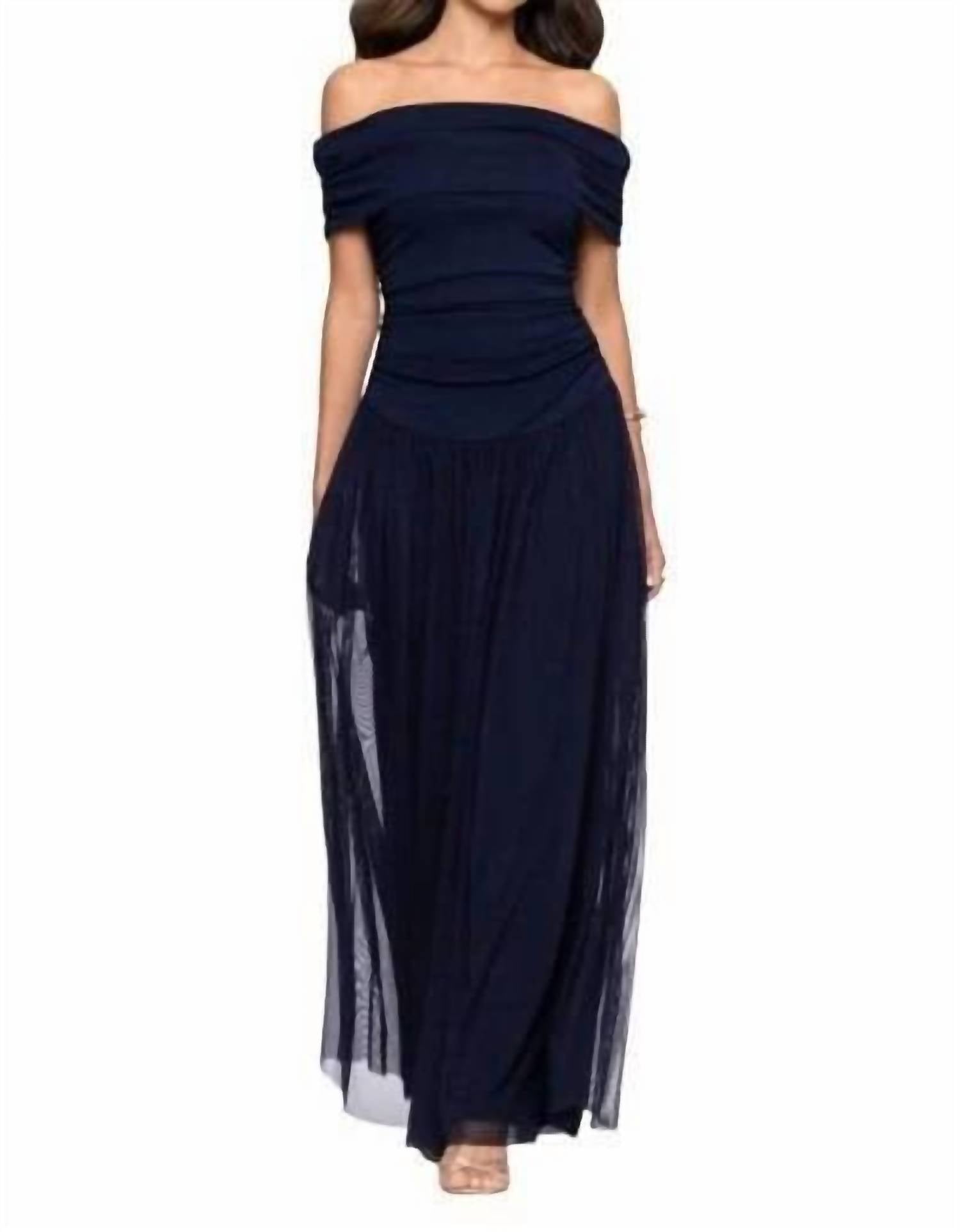 Betsy & Adam - Strapless Ruched Bodice Mesh Overlay Floor Length Dress