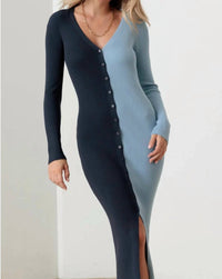 Mustard Seed - Brooke Ribbed Two Tone Button Down V-neck Knit Maxi Dress