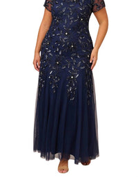 Adrianna Papell - Boat Neck Long Beaded Mesh Dress - Plus