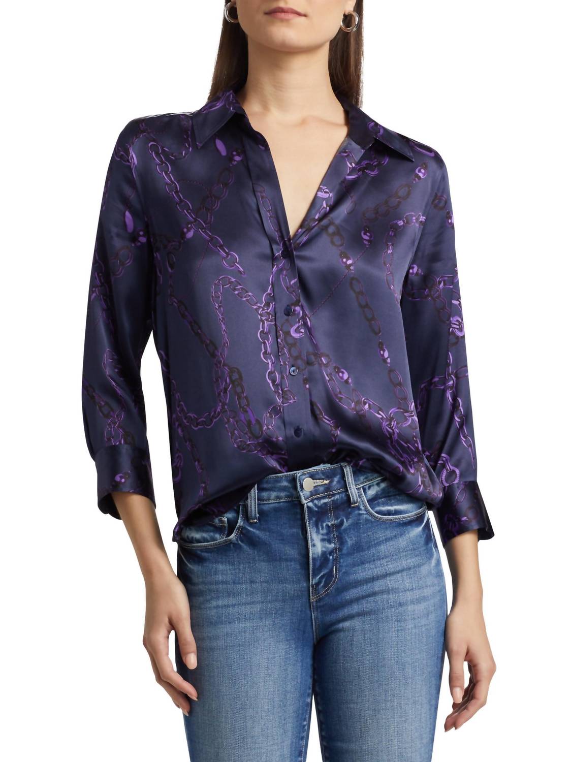 L'Agence - Dani 3/4 Sleeve Chain-print Silk Shirt