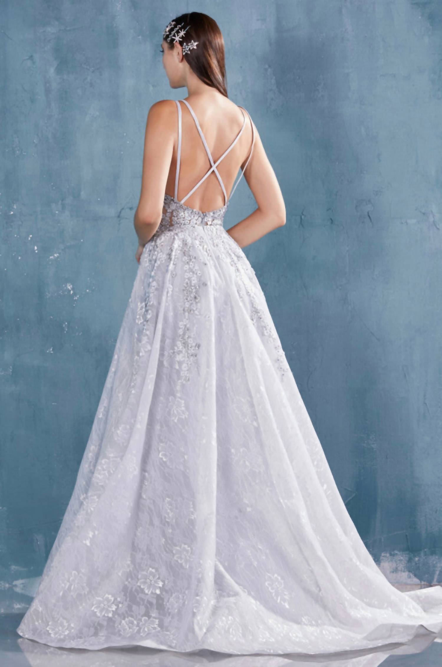 Andrea & Leo Couture Dalia Floral Gown in silver - women's dress - detail view