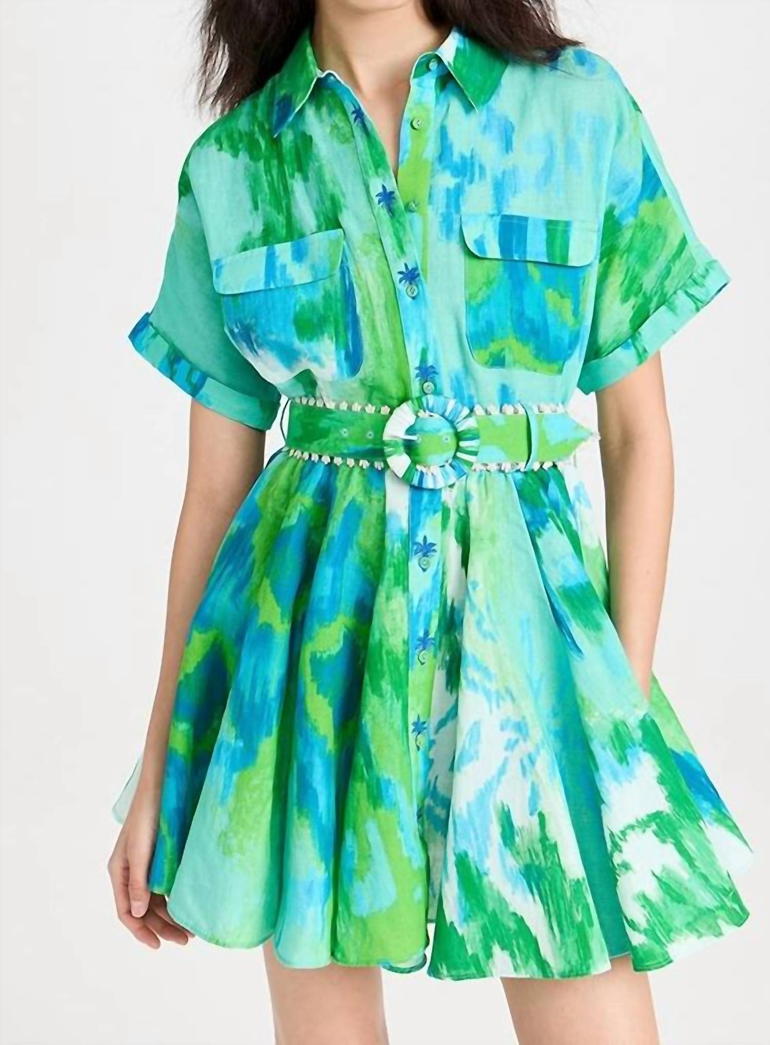 HEMANT & NANDITA Short Dress With Buckle Belt With Collar in blue green - women's dress