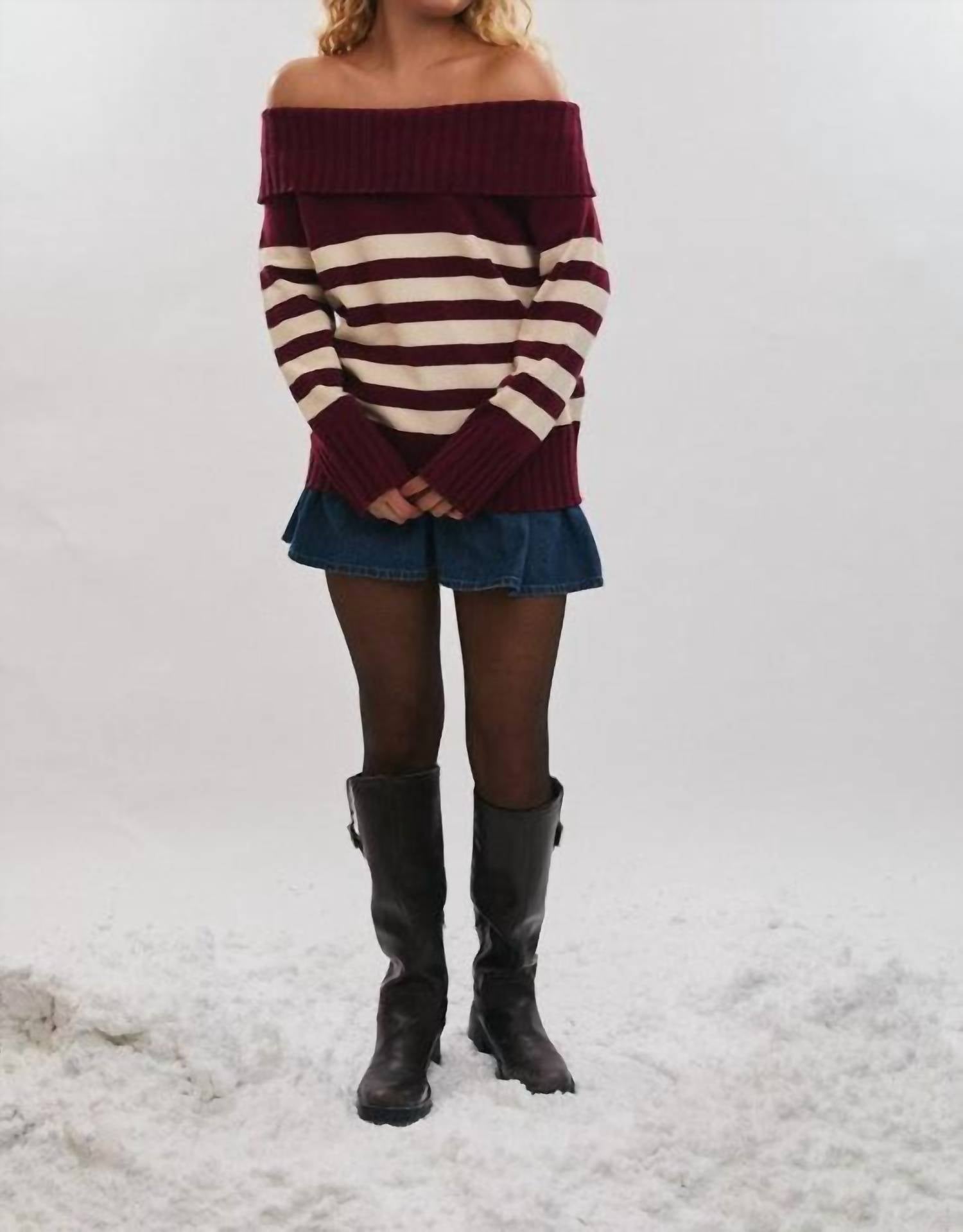 Le Lis - Off Shoulder Stripe Oversized Sweater