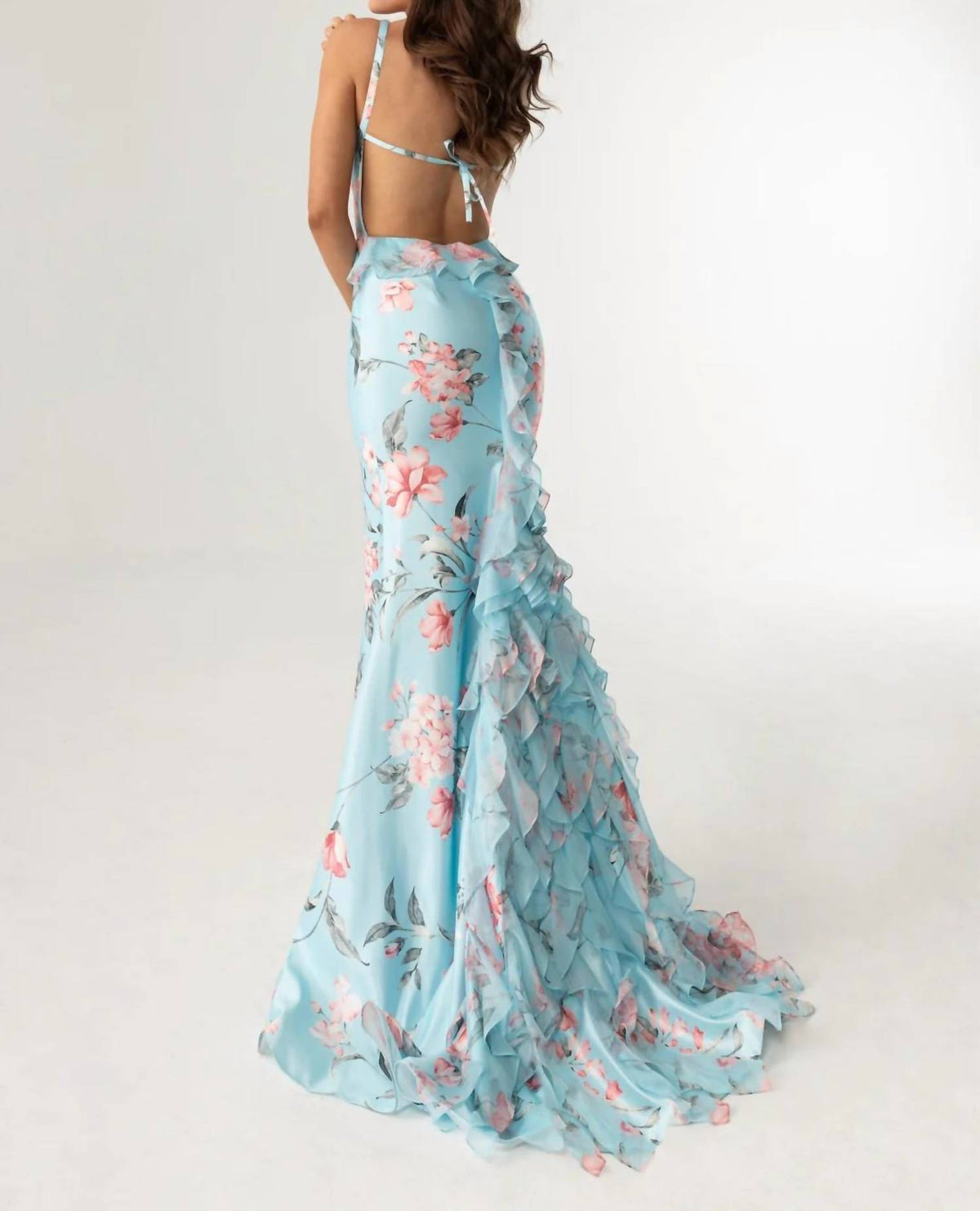 Rachel Allan - Floral Print Fitted Ruffled Gown