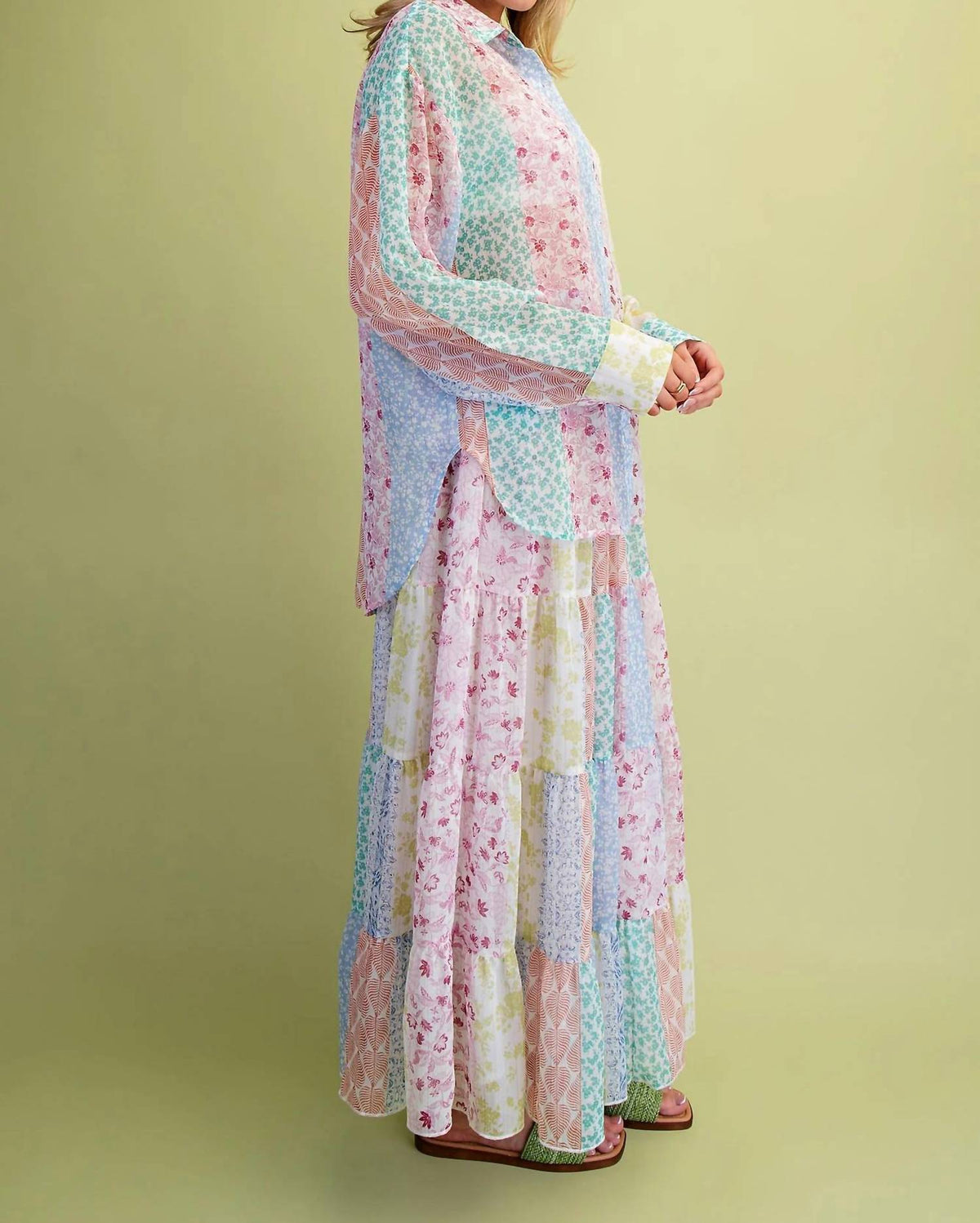 Easel - Patchwork Chiffon Tiered Maxi Skirt