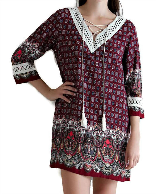 Entro - Border Print Lace Up Tassel Tie Dress