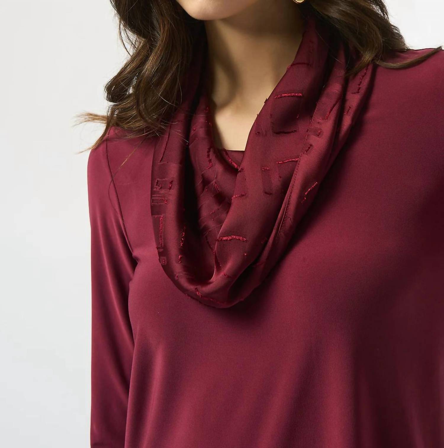 Joseph Ribkoff Cowl Neck 3/4 Sleeve Fitted Top in merlot - women's long sleeve top - alternate view