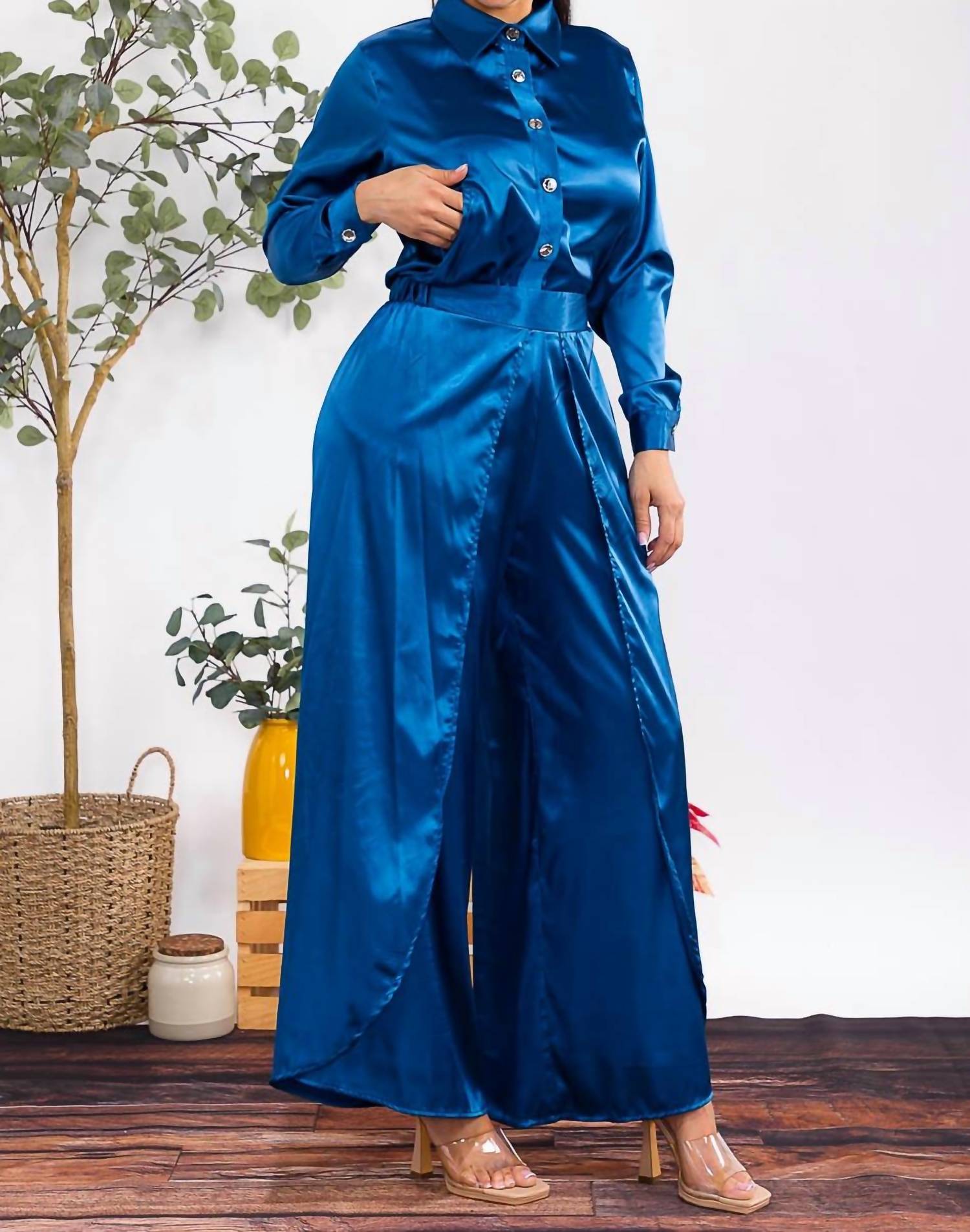 Karen T Design - Button Down Shirt And Open Pants Set