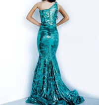 JOVANI Siren One-shoulder Sequin Mermaid Gown in emerald - women's dress - detail view