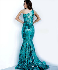 JOVANI Siren One-shoulder Sequin Mermaid Gown in emerald - women's dress - alternate view