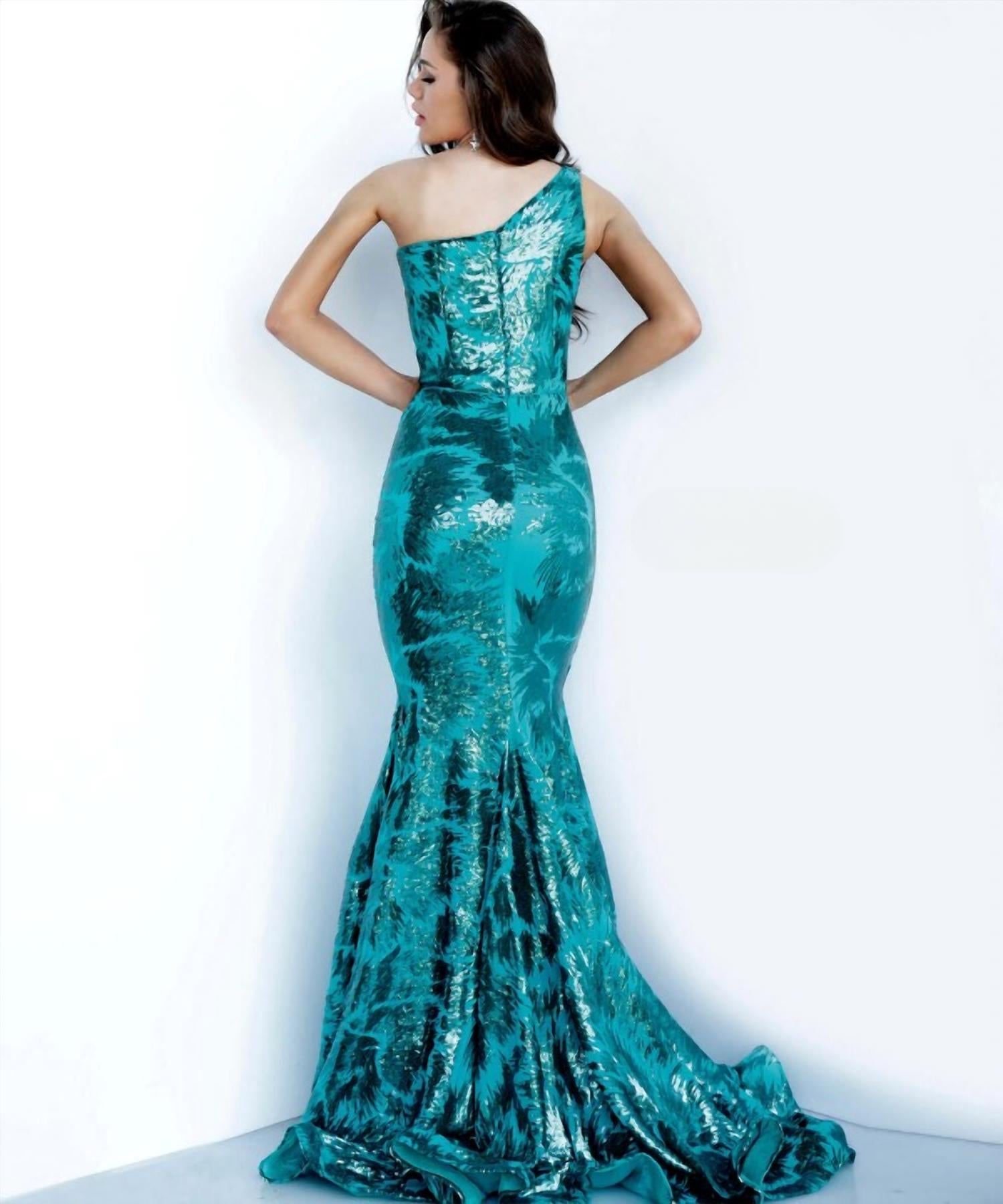 JOVANI Siren One-shoulder Sequin Mermaid Gown in emerald - women's dress - alternate view