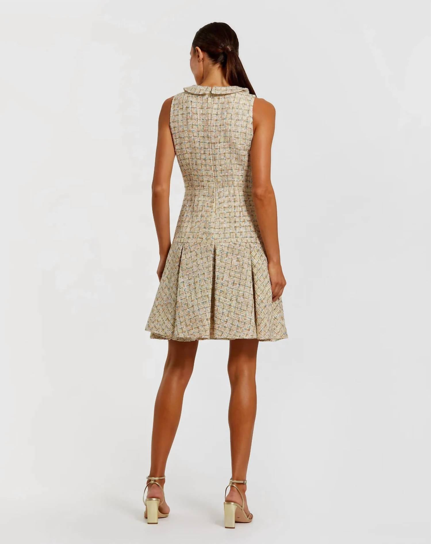 MAC DUGGAL Sleeveless Boucle With Pleats Style Mini Dress in gold - women's dress - detail view