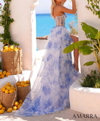 AMARRA Sheer Corset Bodice Prom Dress in blue - women's dress - detail view