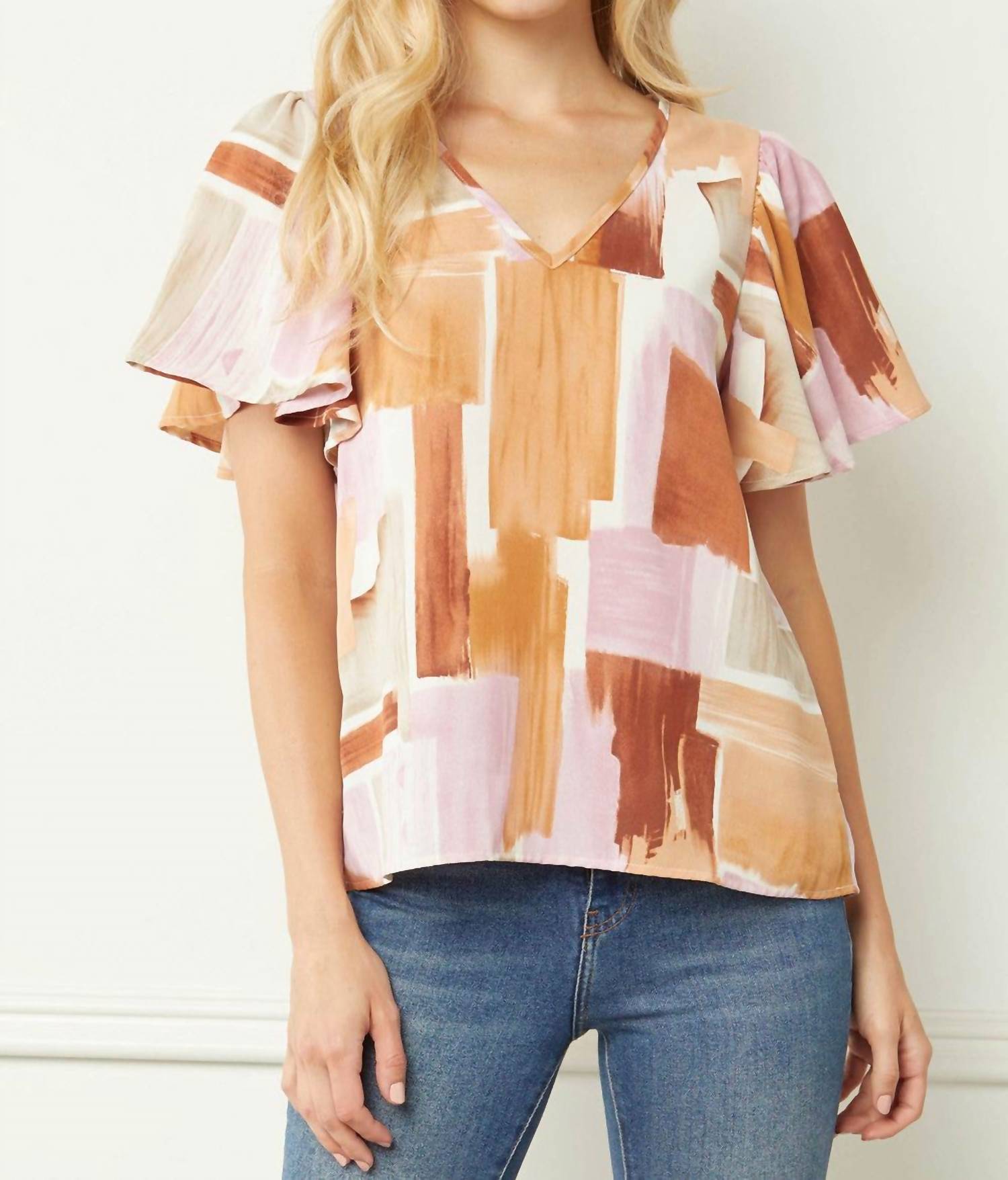 entro Flutter Sleeve V Neck Blouse in multi - women's blouse