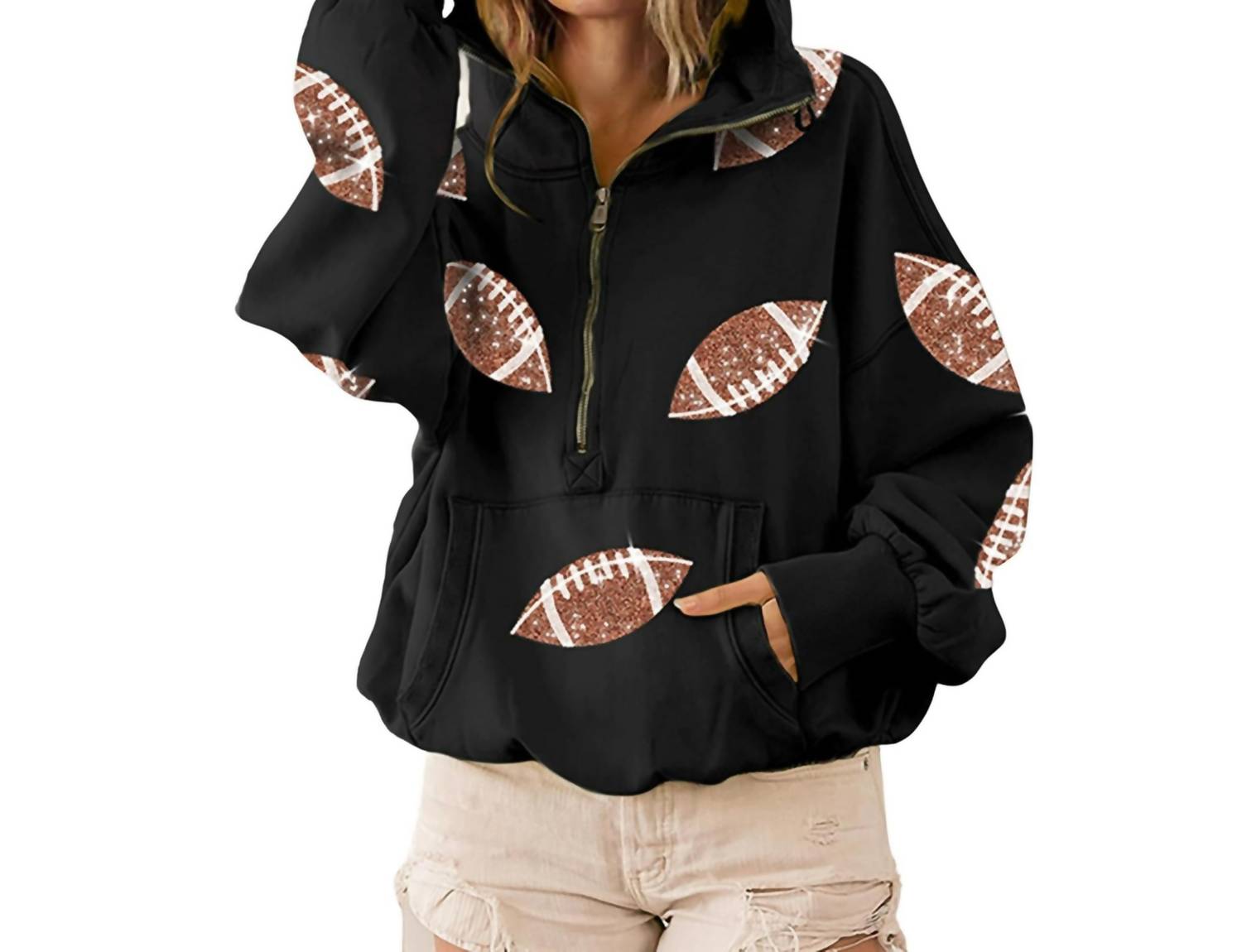 Bibi - Football Sequin Half Zip Up Hoodie