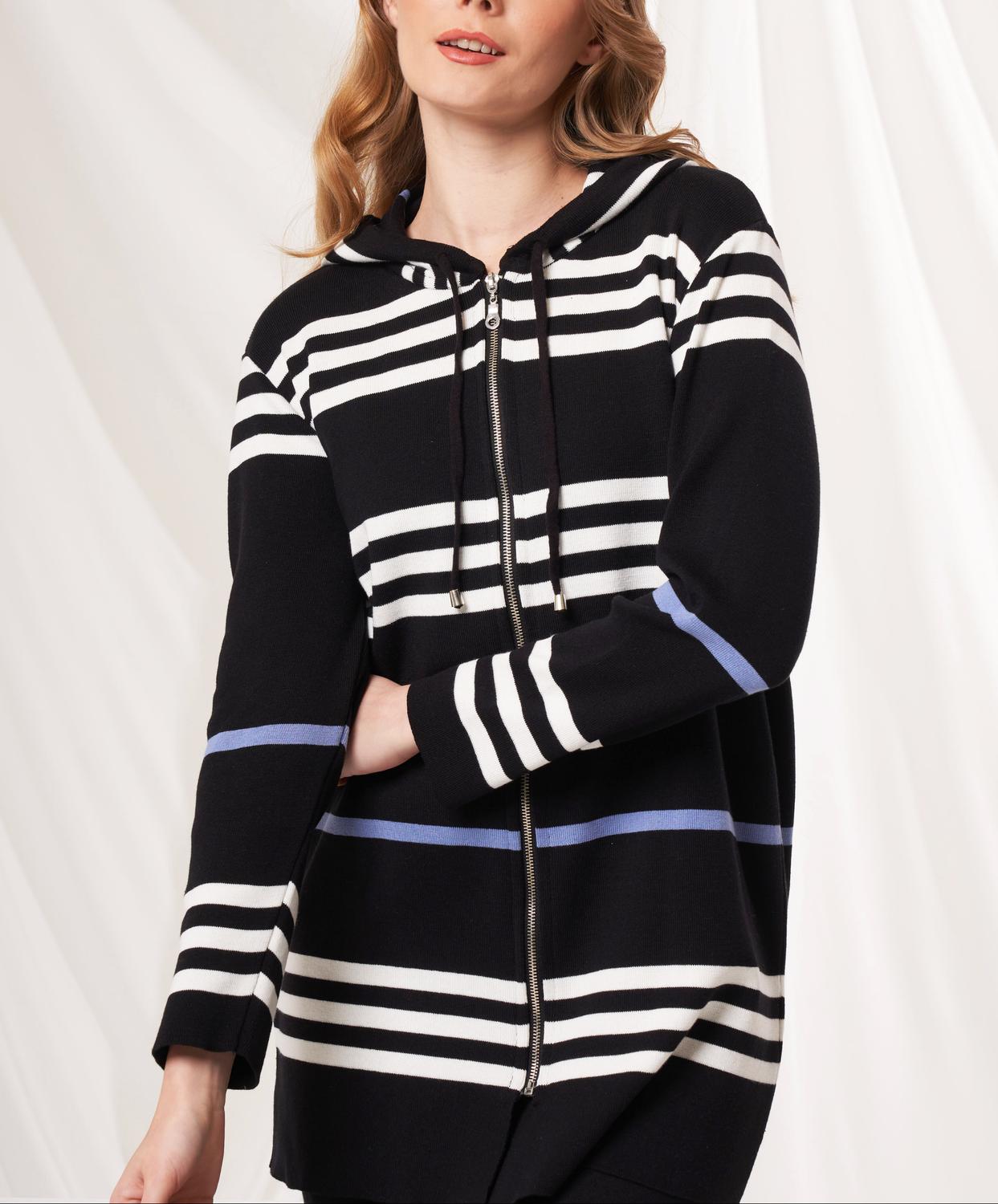 Angel Apparel Stripe Knit Hoodie in black denim - women's top - detail view