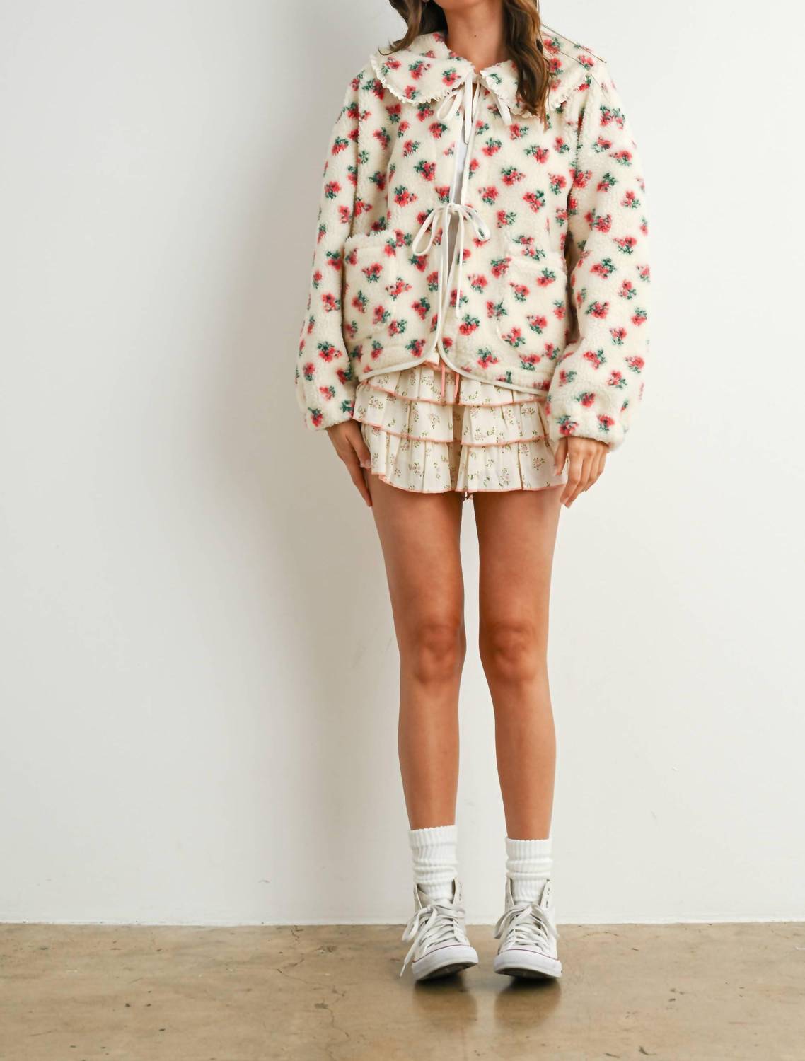 Buttermelon - Holland Floral Tie-front Fleece Jacket Coquette Peter Pan Collar Cardigan
