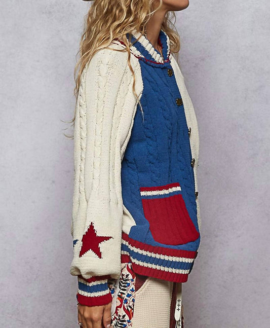 Pol - Collar Neck Striped Star Chenille Sweater Cardigan Top