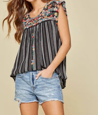 Andree By Unit - Flutter Sleeve Striped And Embroidered Top