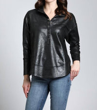 APNY Vegan Leather Henley Top With Grommet Details in black - women's blouse