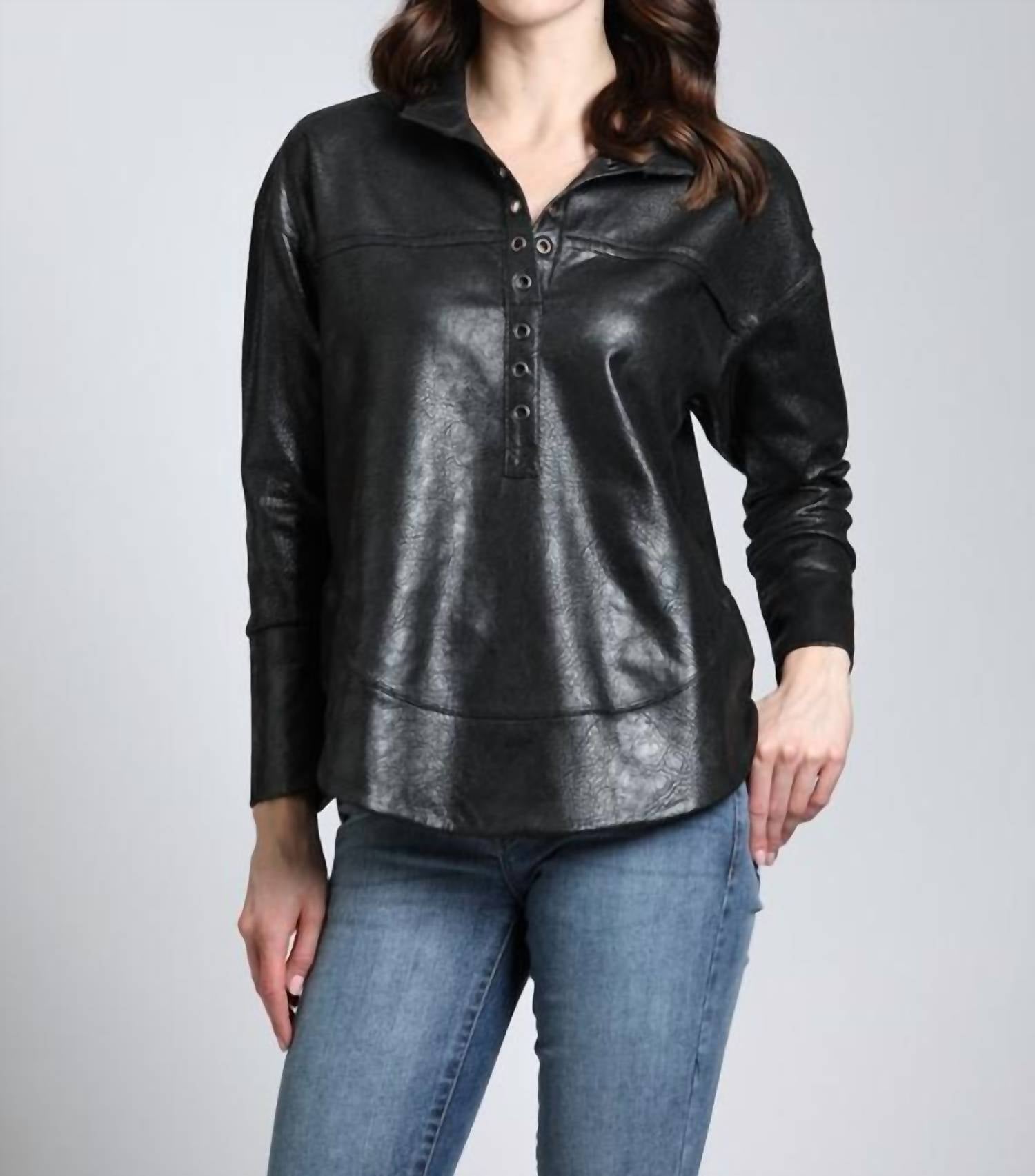 APNY Vegan Leather Henley Top With Grommet Details in black - women's blouse