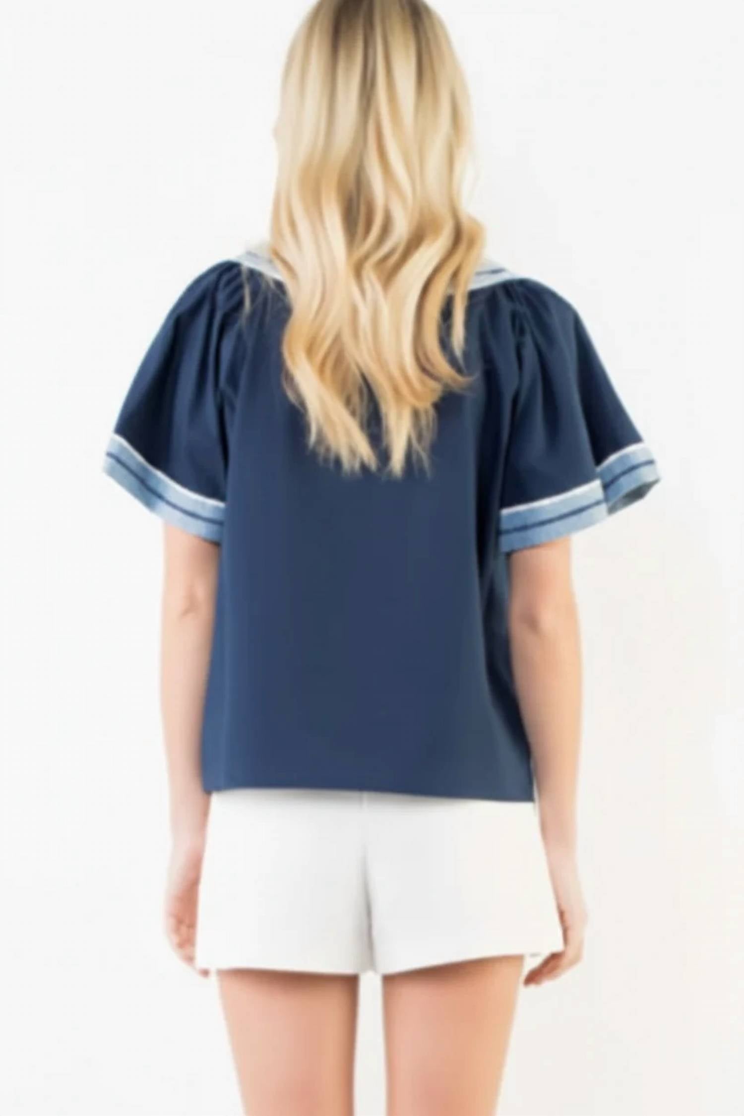Thml - Wide Sleeve Contrast Trim V-neck Top