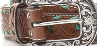 Nocona Belt Co. Floral Embossed Leather Western Belt in brown turquoise - men's accessory - alternate view