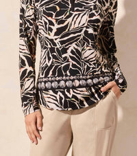 Tribal - Modern Palm Leaf Print Quarter Zip Long Sleeve Top