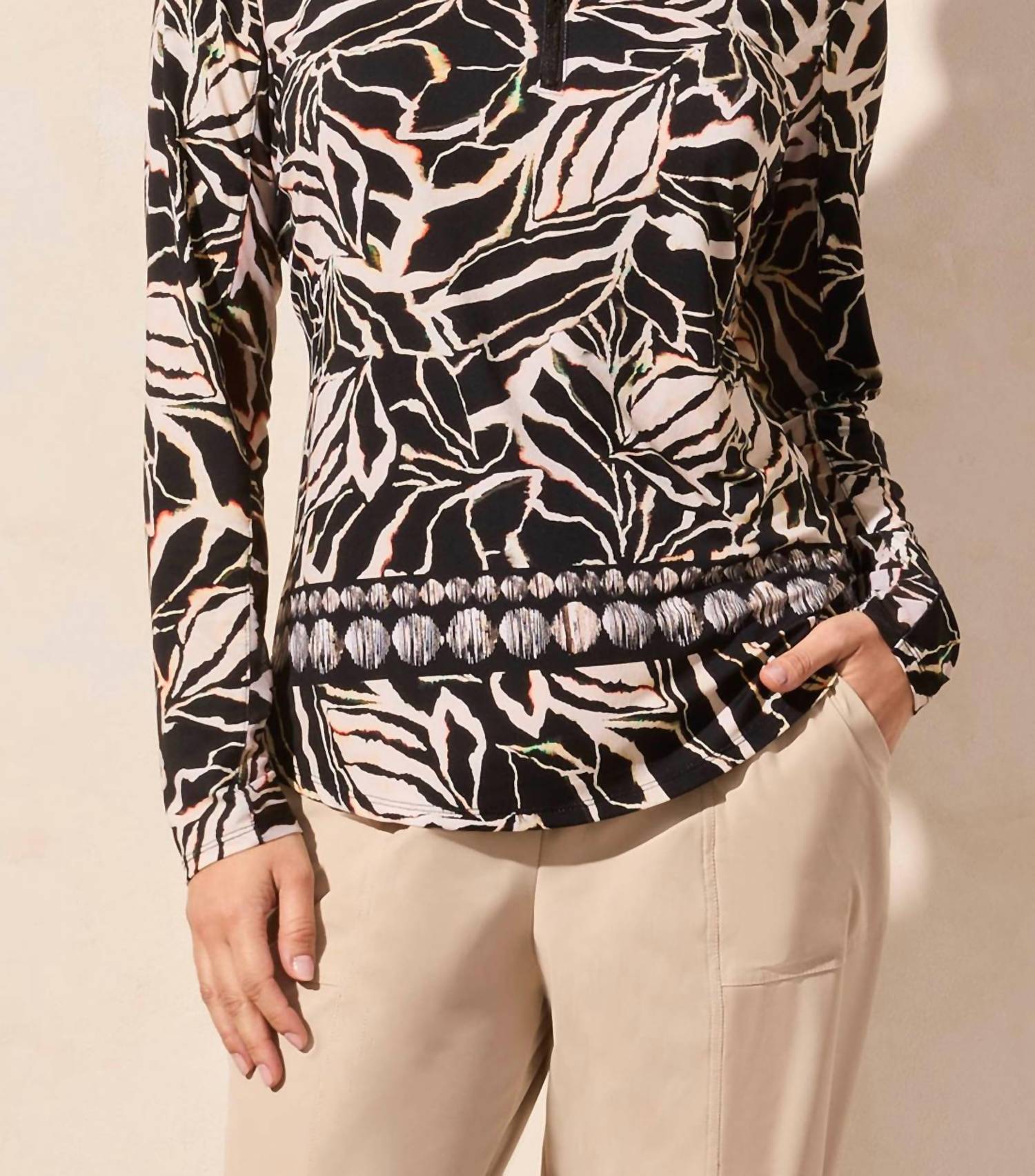 Tribal - Modern Palm Leaf Print Quarter Zip Long Sleeve Top