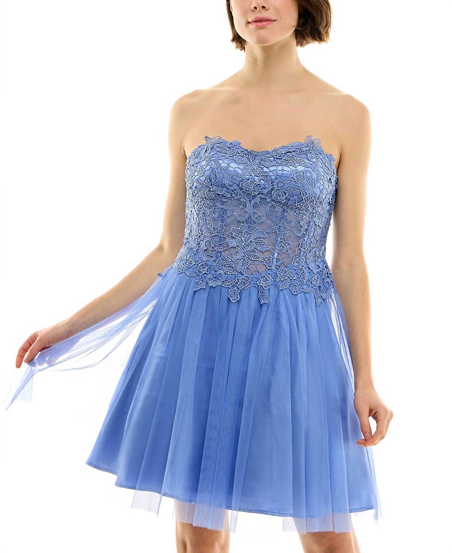 BCX Juniors Strapless Lace-bodice Fit & Flare Dress in blue - women's dress