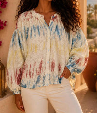 Surelymine - Painted Skies Lace Long Sleeve Blouse