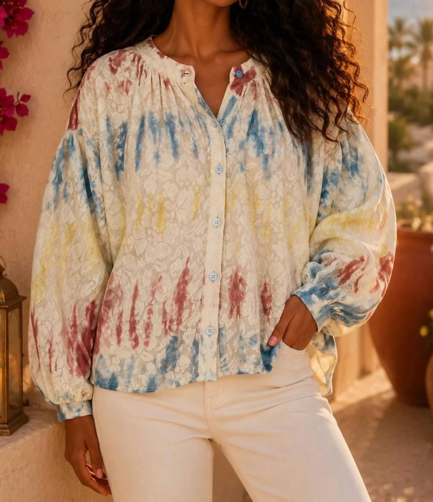 Surelymine - Painted Skies Lace Long Sleeve Blouse