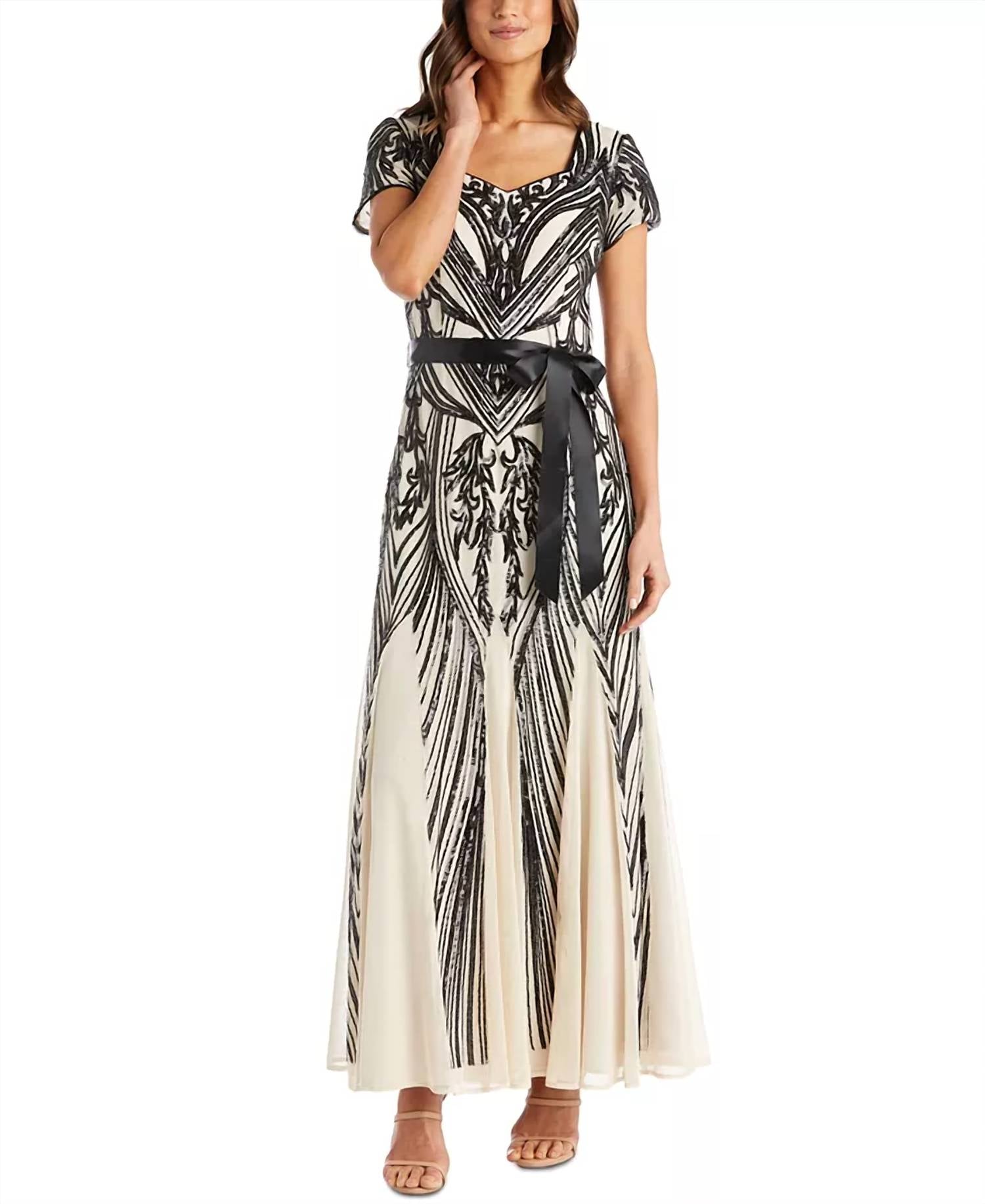 R&M Richards - Sequined Belted Maxi Dress
