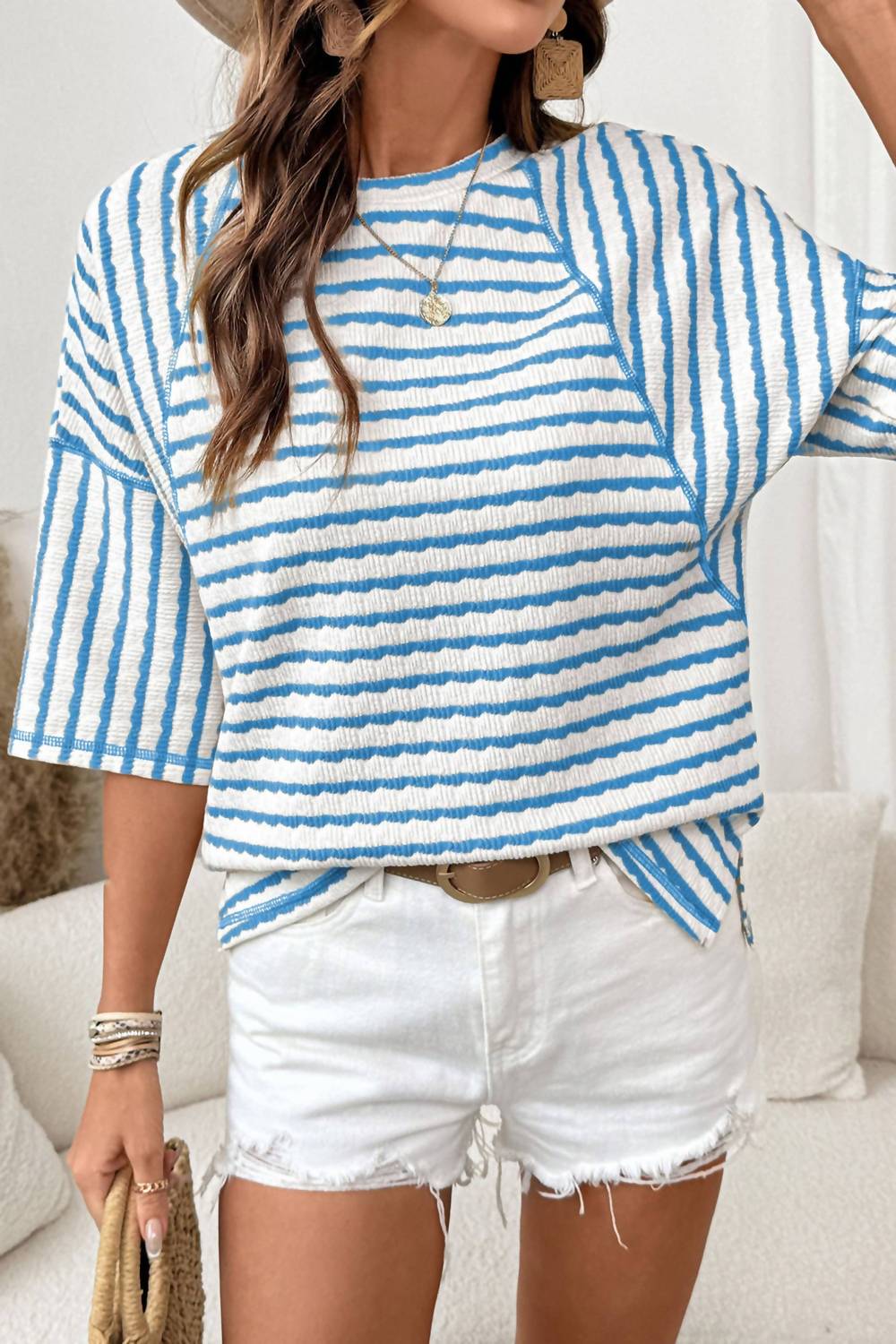 Little Daisy Closet - Striped Textured Knit Split Hem Top